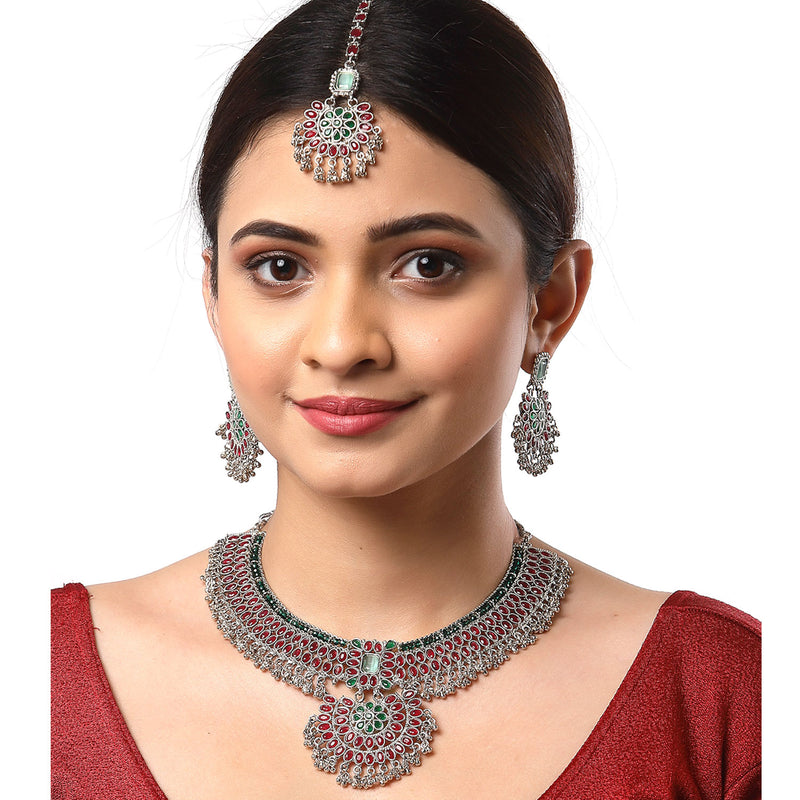 Rhodium-Plated with Silver-Tone Red and Green Kundan-Studded Meenakari Jewellery Set