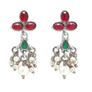 Rhodium-Plated with Oxidised Silver-Tone Red Green and White Kundan Studded Jewellery Set