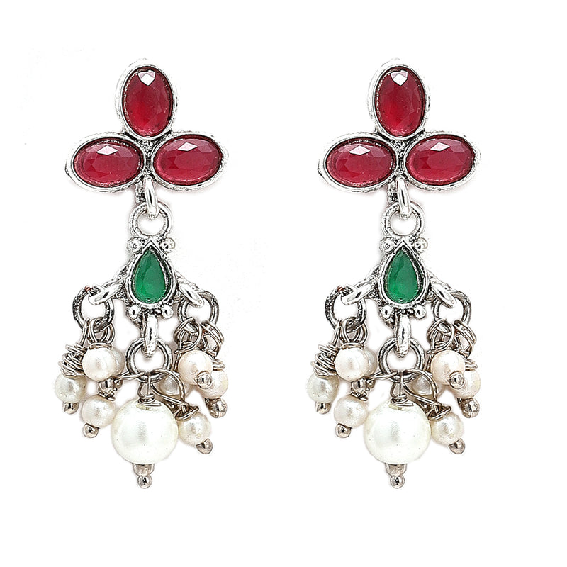 Rhodium-Plated with Oxidised Silver-Tone Red Green and White Kundan Studded Jewellery Set