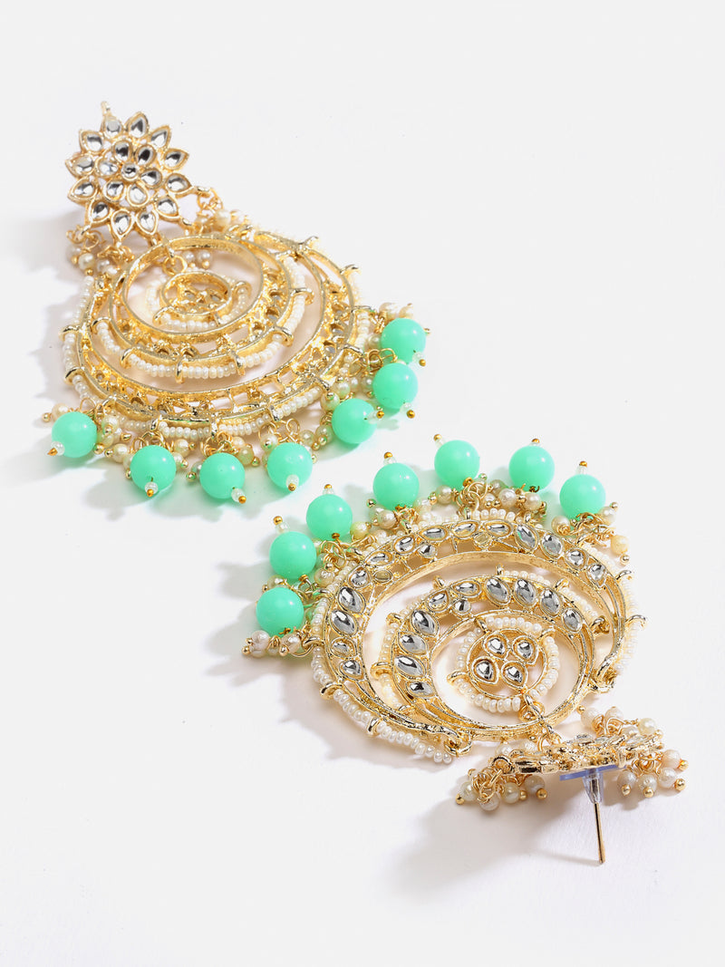 Sea Green & Cream Coloured Gold Plated Stone Studded Beaded Jewellery Set