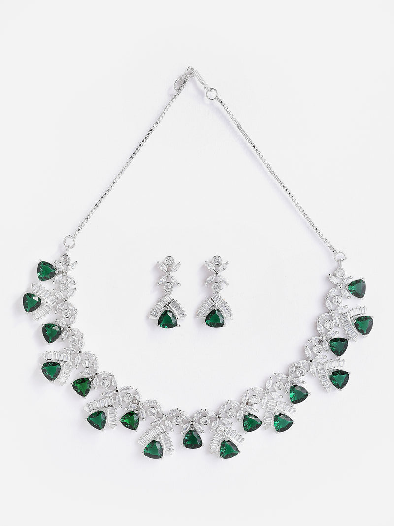 Rhodium-Plated with Silver-Tone Green American Diamond Studded Contemporary Design Jewellery Set