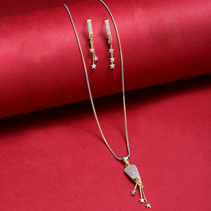 Gold Plated Celestial Glam White Cubic Zirconia Studded Pendant With Chain & Earring