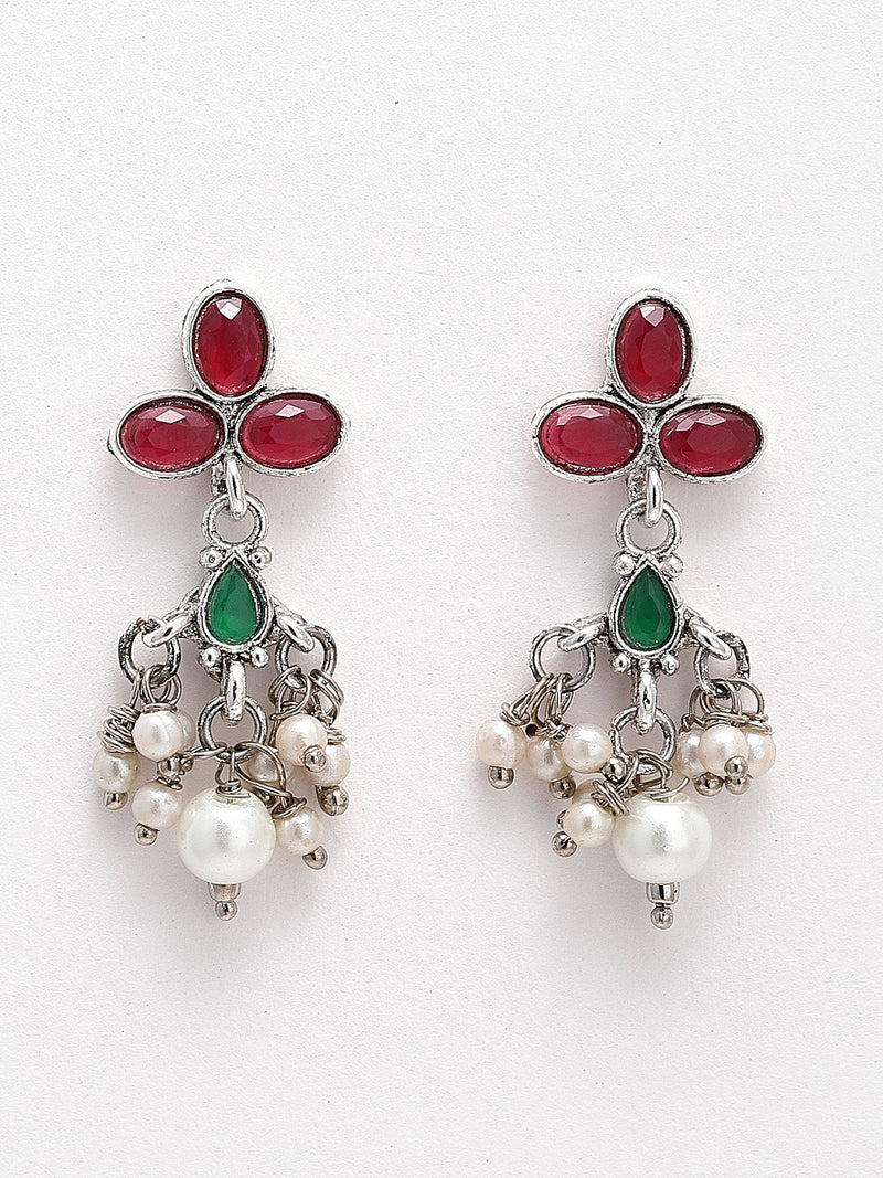 Rhodium-Plated with Oxidised Silver-Tone Red Green and White Kundan Studded Jewellery Set