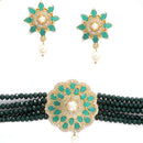 Antique Gold-Plated Green & White Beaded AD-Studded Jewellery Set