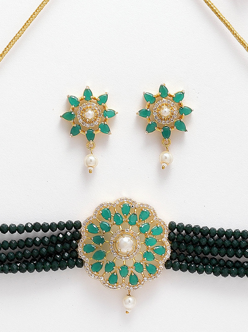 Antique Gold-Plated Green & White Beaded AD-Studded Jewellery Set