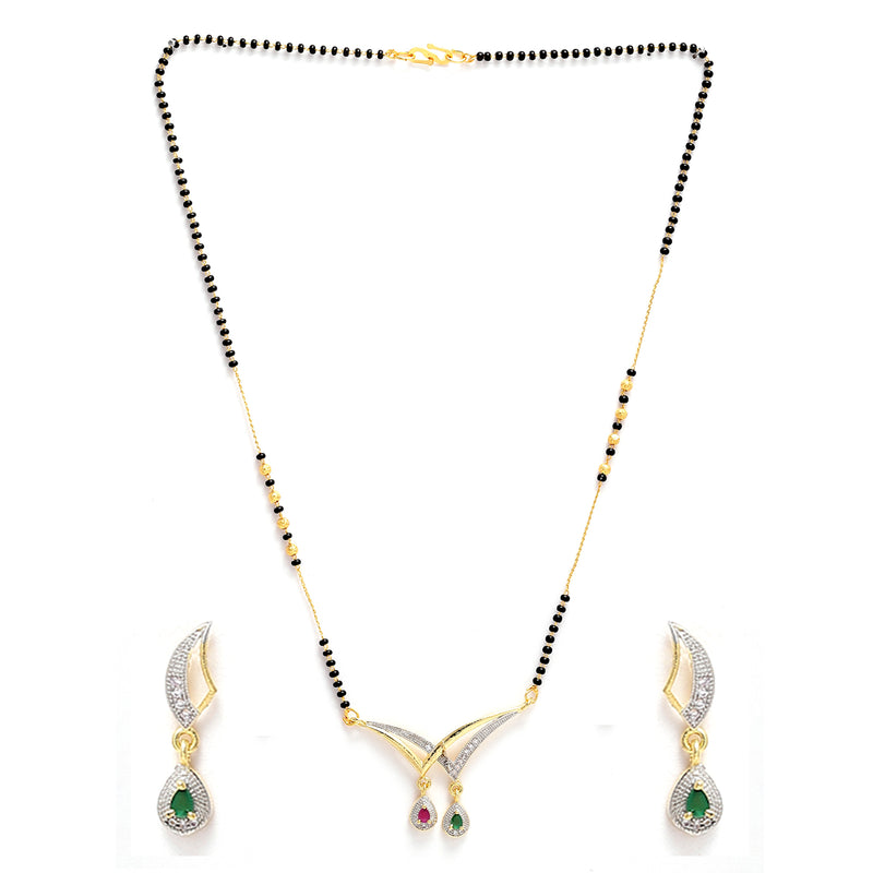 Set Of 3 Gold-Plated Black Beaded White AD Studded Mangalsutra with Earring Set