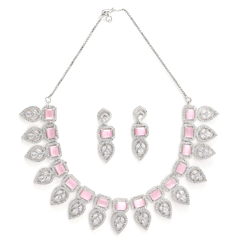Pink & Silver-Toned & Plated Crystal Studded Leaf Shaped Jewellery Set