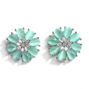 Sea Green American Diamond Studded Floral Shaped Rhodium-Plated with Silver-Tone Studs Earrings