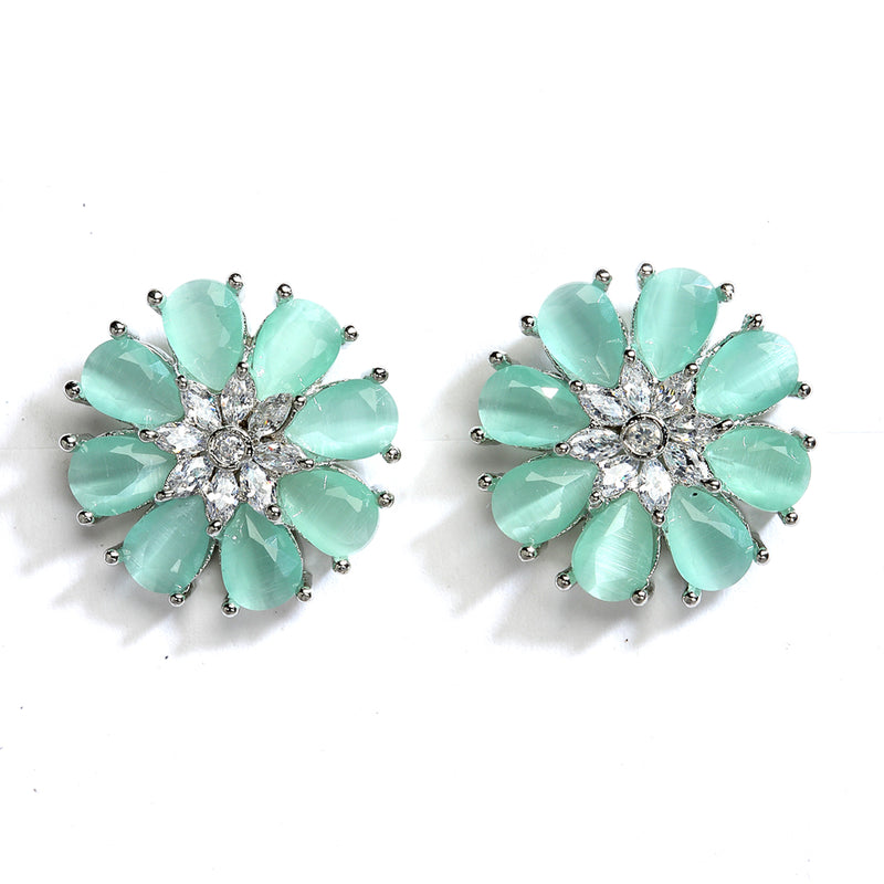 Sea Green American Diamond Studded Floral Shaped Rhodium-Plated with Silver-Tone Studs Earrings
