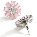 Pink American Diamond Studded Floral Shaped Rhodium-Plated with Silver-Tone Studs Earrings