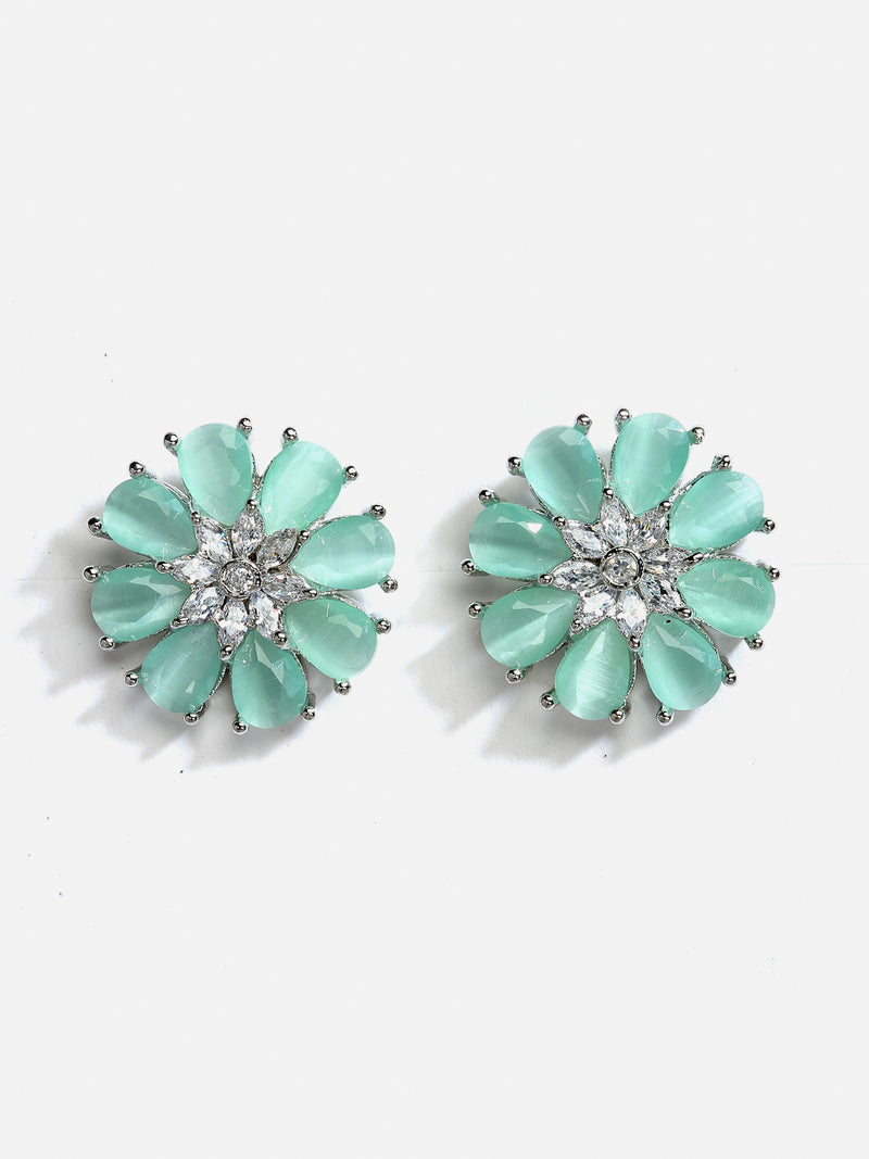 Sea Green American Diamond Studded Floral Shaped Rhodium-Plated with Silver-Tone Studs Earrings