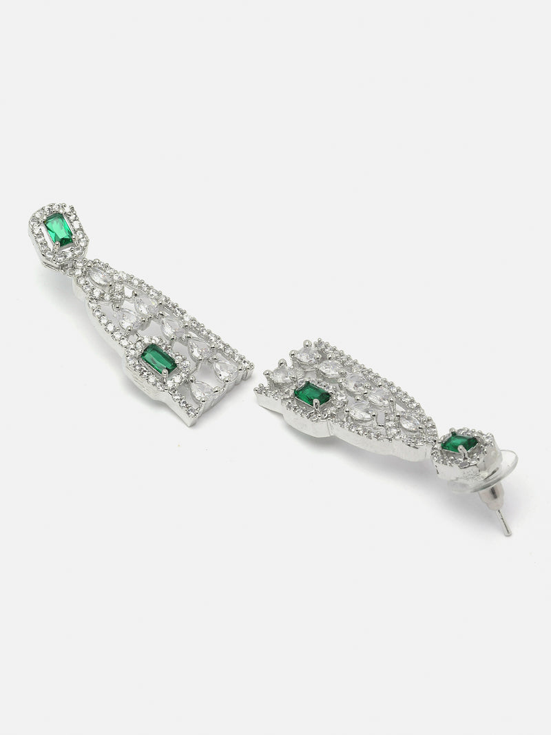 Rhodium-Plated Green American Diamond studded Classic Drop Earrings