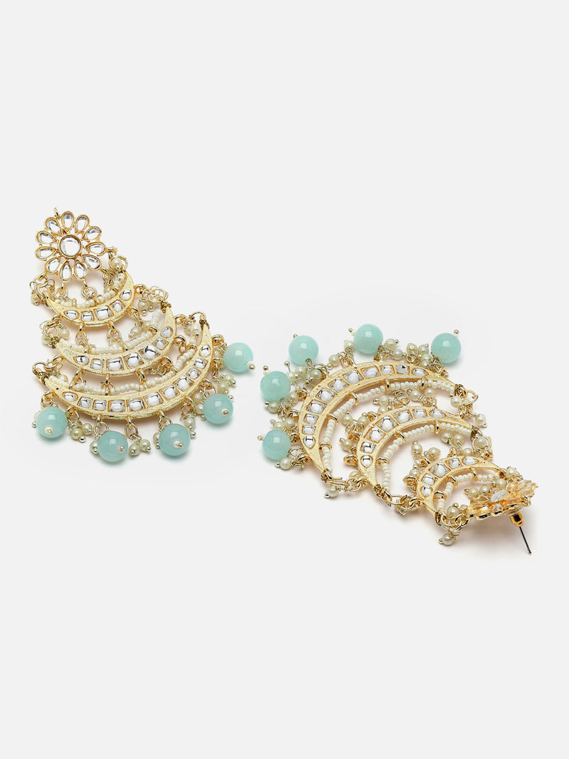 Gold-Plated Sea Green Pearls & Kundan studded Crescent Shaped Vilandi Drop Earrings