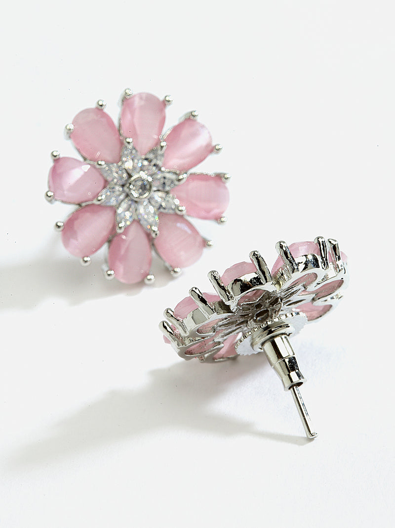 Pink American Diamond Studded Floral Shaped Rhodium-Plated with Silver-Tone Studs Earrings