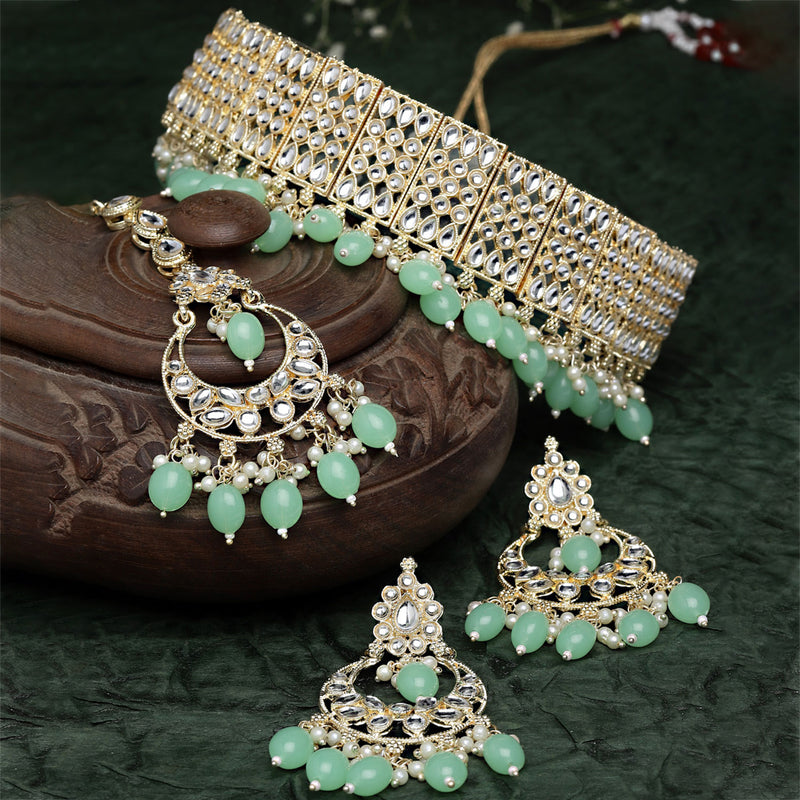 Meenakari Choker Gold-Plated Sea Green & White Kundan-Studded & Beaded Jewellery Set