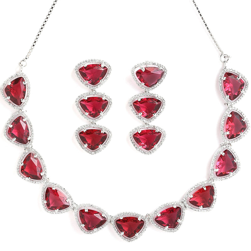 Rhodium-Plated with Silver-Tone Triangular Red & White American Diamond Studded Jewellery Set