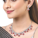 Rhodium-Plated with Silver-Tone & Red American Diamond Stone-Studded Jewellery Set