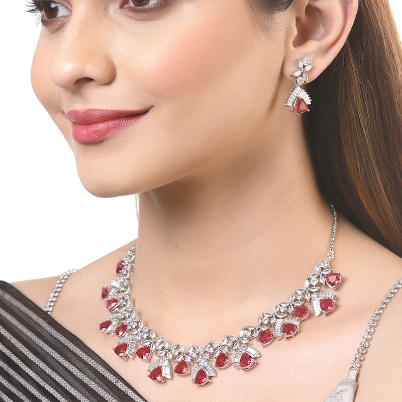 Rhodium-Plated with Silver-Tone & Red American Diamond Stone-Studded Jewellery Set