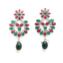 Rhodium-Plated with Silver-Tone Green & Red Kundan-Studded Layered Jewellery Set