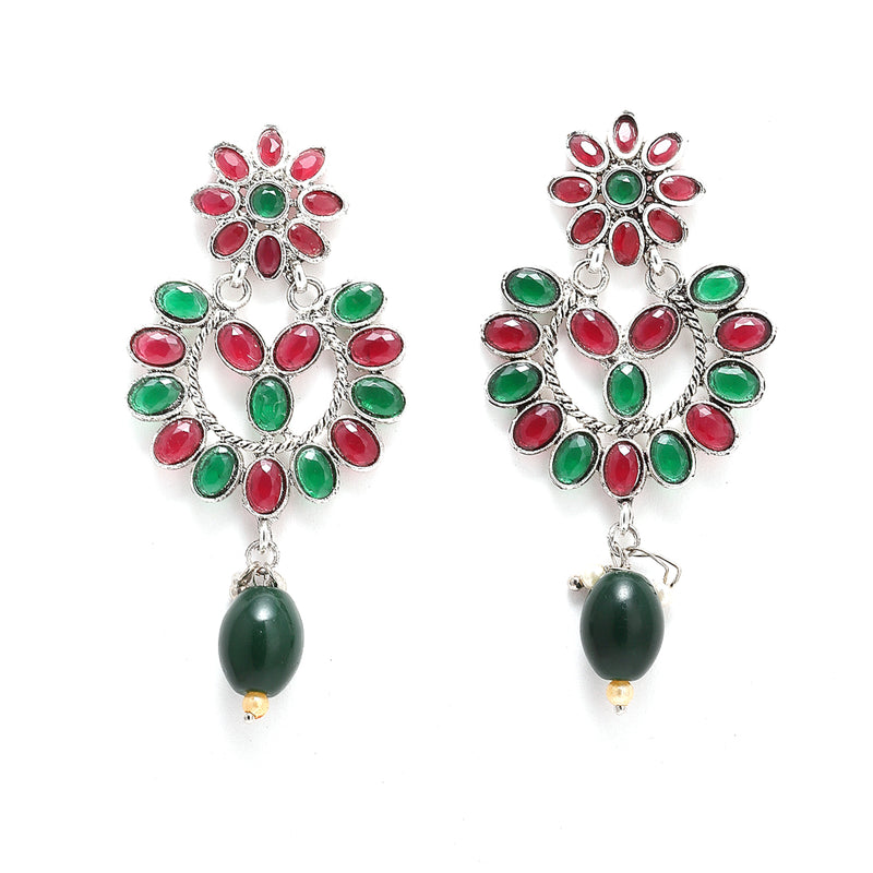 Rhodium-Plated with Silver-Tone Green & Red Kundan-Studded Layered Jewellery Set