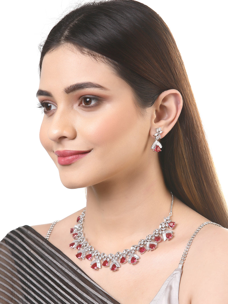 Rhodium-Plated with Silver-Tone & Red American Diamond Stone-Studded Jewellery Set