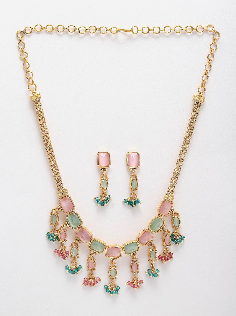 Gold-Plated Green, Pink and Sea Green Copper Filigree Necklace Jewellery Set