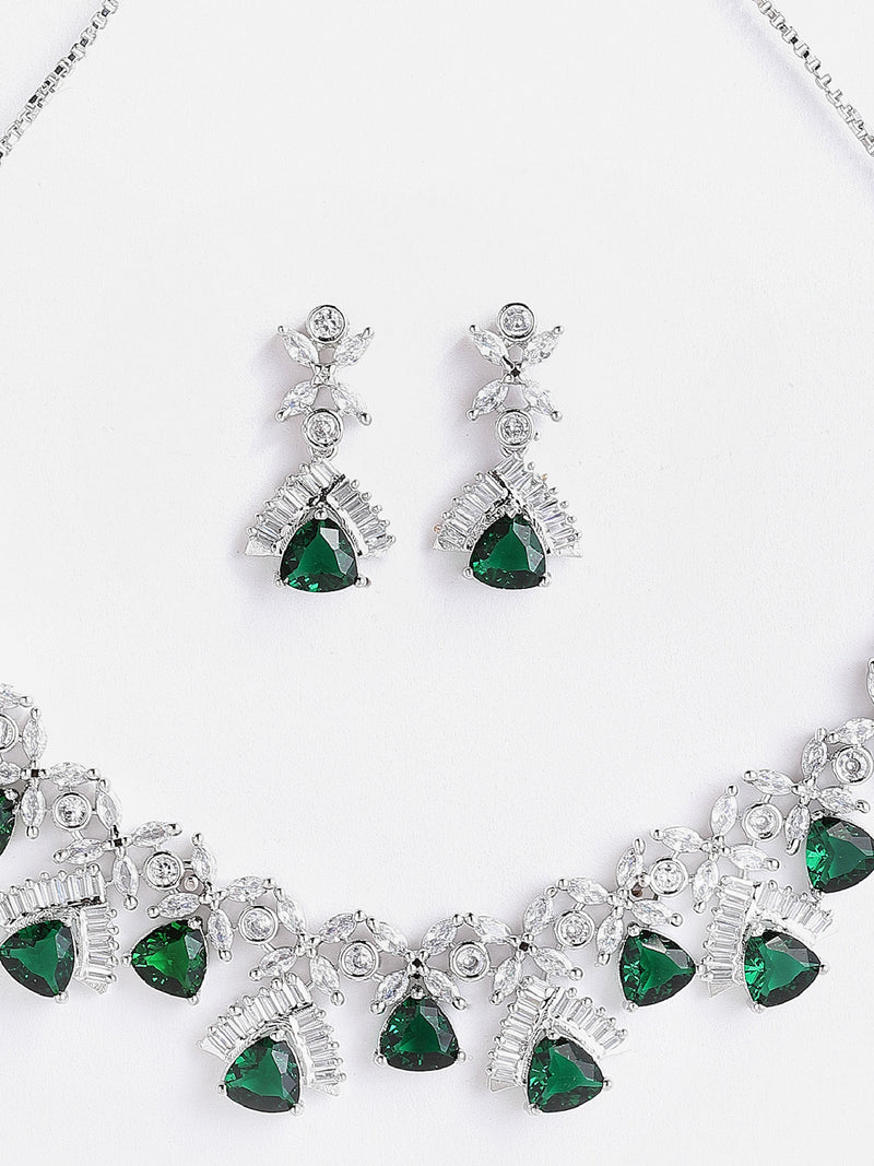 Rhodium-Plated with Silver-Tone Green American Diamond Studded Contemporary Design Jewellery Set