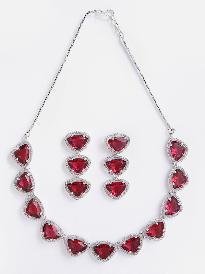 Rhodium-Plated with Silver-Tone Triangular Red & White American Diamond Studded Jewellery Set