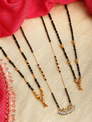 Set Of 3 Gold-Plated & Black American Diamond-Studded & Beaded Mangalsutra