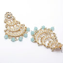 Gold-Plated Sea Green Pearls & Kundan studded Crescent Shaped Vilandi Drop Earrings