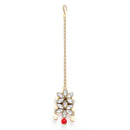 Gold Plated Royal Crafted Stones Studded And Red And Pearl Beads Flower Shaped Necklace Set With  Maang Tikka And Earrings