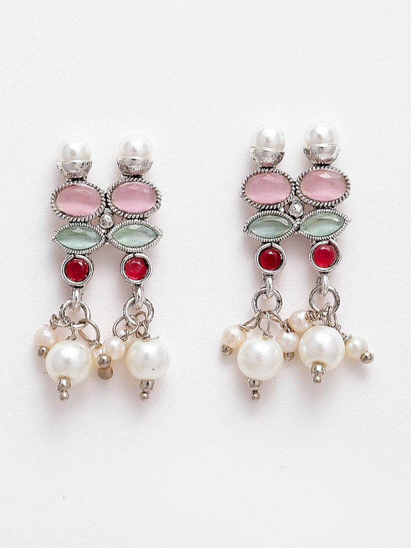 Silver-Toned & Pink Rhodium-Plated American Diamond Studded Pearl Jewellery Set