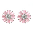Pink American Diamond Studded Floral Shaped Rhodium-Plated with Silver-Tone Studs Earrings