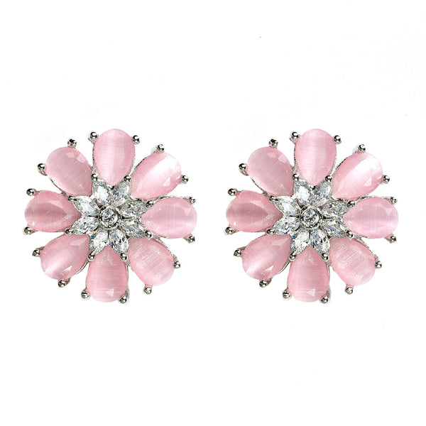 Pink American Diamond Studded Floral Shaped Rhodium-Plated with Silver-Tone Studs Earrings
