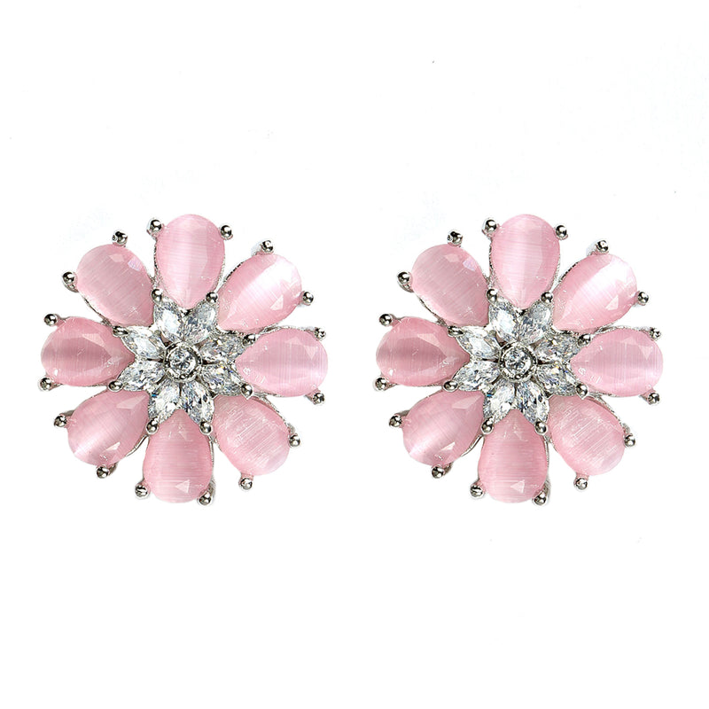 Pink American Diamond Studded Floral Shaped Rhodium-Plated with Silver-Tone Studs Earrings