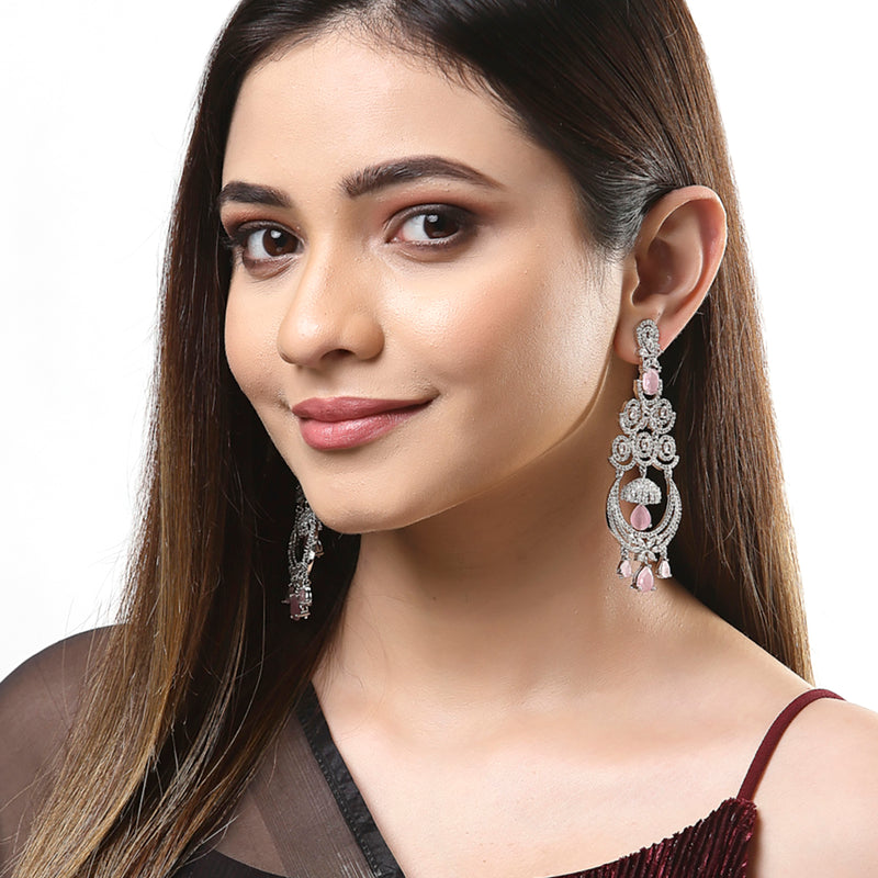 Pink & White Rhodium-Plated with Silver-Tone American Diamond Chandelier Earrings