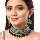 Rhodium-Plated with Silver-Tone Green & Pink Stone-Studded Traditional Choker