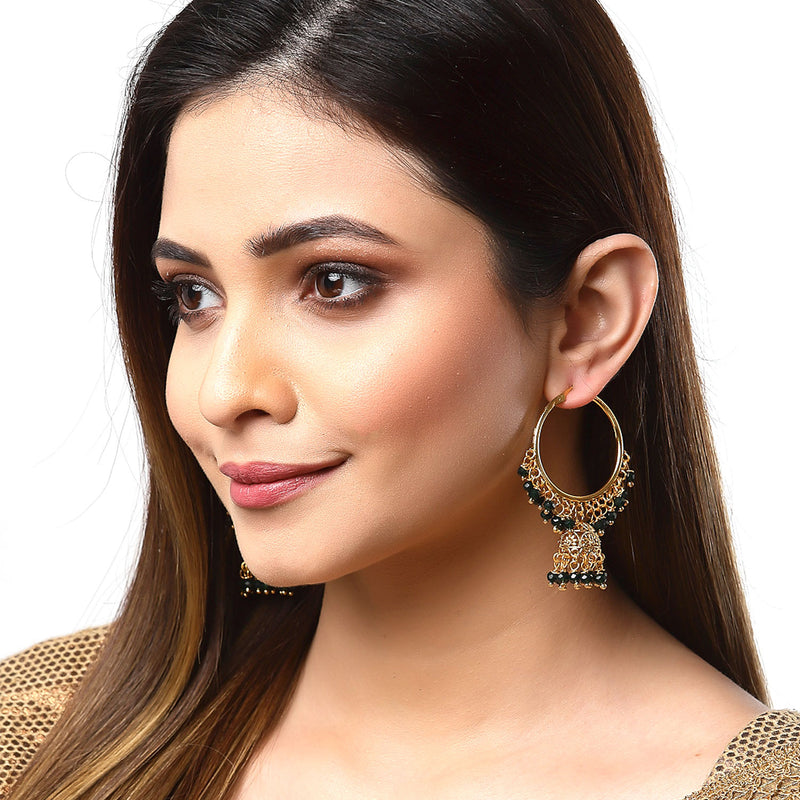 Black Dome Shaped Jhumkas Earrings with Gold-Toned Copper