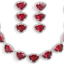 Rhodium-Plated with Silver-Tone Triangular Red & White American Diamond Studded Jewellery Set
