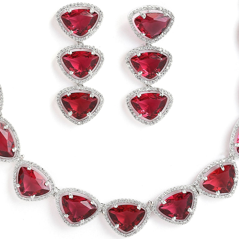 Rhodium-Plated with Silver-Tone Triangular Red & White American Diamond Studded Jewellery Set