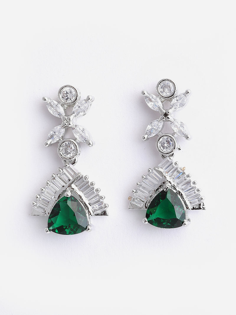 Rhodium-Plated with Silver-Tone Green American Diamond Studded Contemporary Design Jewellery Set