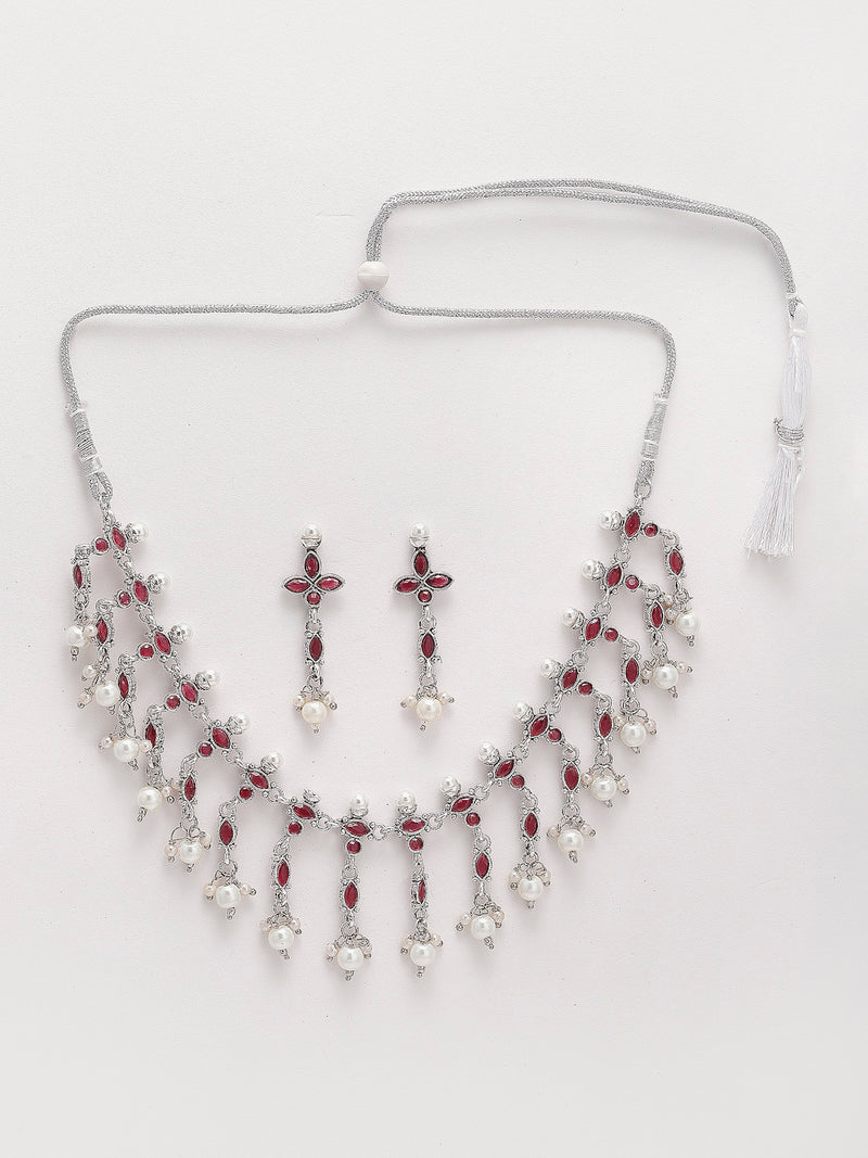 Rhodium-Plated with Oxidised Silver-Tone Red & White Kundan-Studded & Beaded Jewellery Set