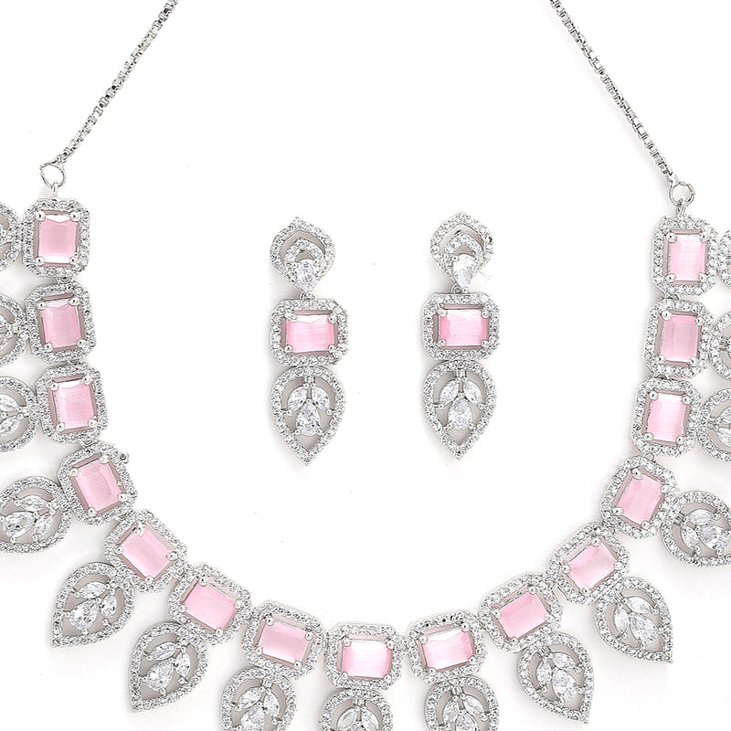 Pink & Silver-Toned & Plated Crystal Studded Leaf Shaped Jewellery Set