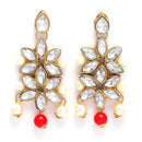 Gold Plated Royal Crafted Stones Studded And Red And Pearl Beads Flower Shaped Necklace Set With  Maang Tikka And Earrings