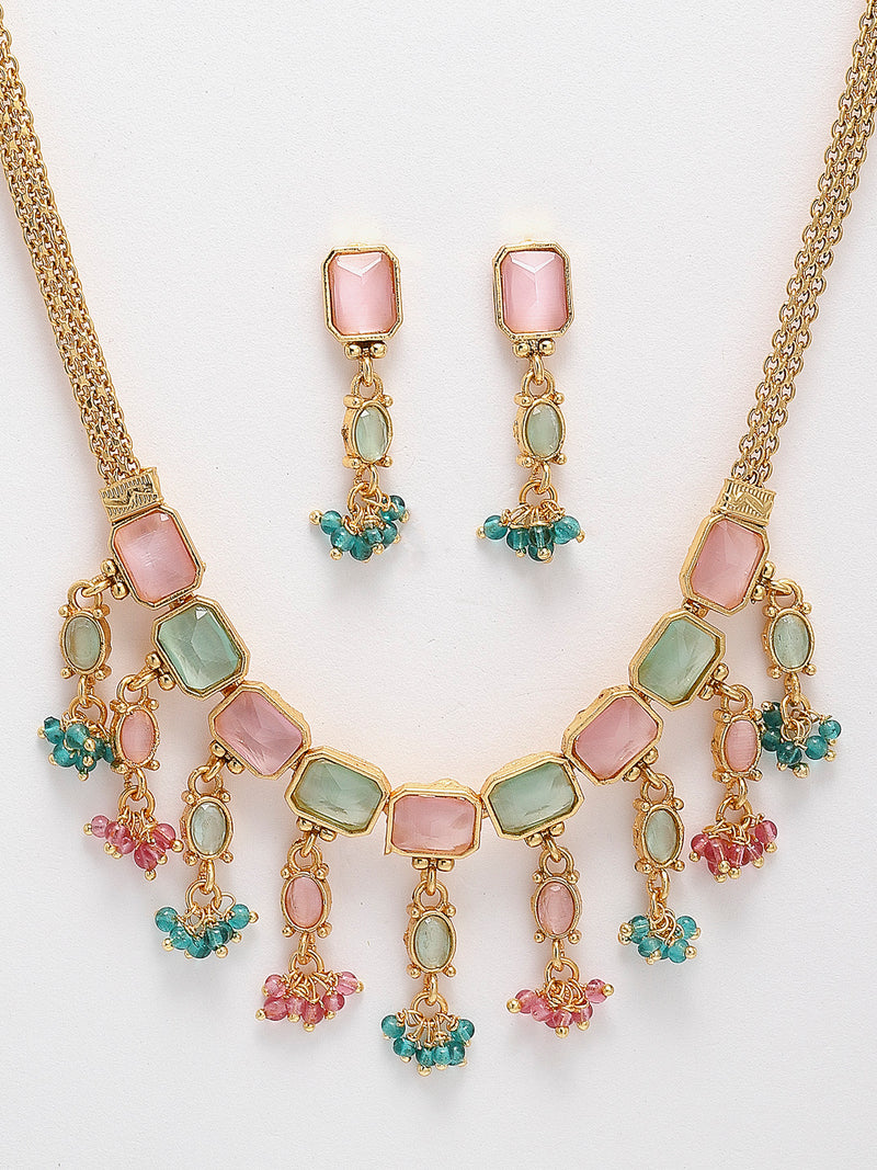 Gold-Plated Green, Pink and Sea Green Copper Filigree Necklace Jewellery Set