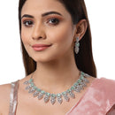 Rhodium Plated Silver Toned Teardrop Floral Design White  & Sea Green Square AD Studded Necklace Set & Matching Earrings