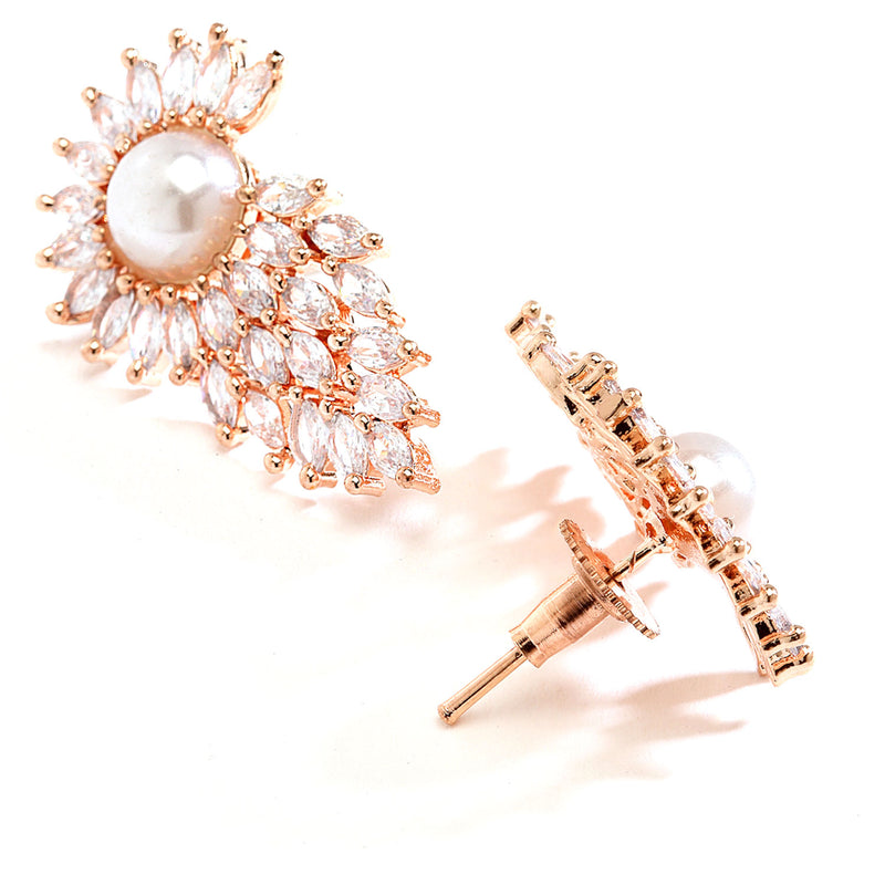 Off White American Diamond Rose Gold-Plated Contemporary Stud Earrings