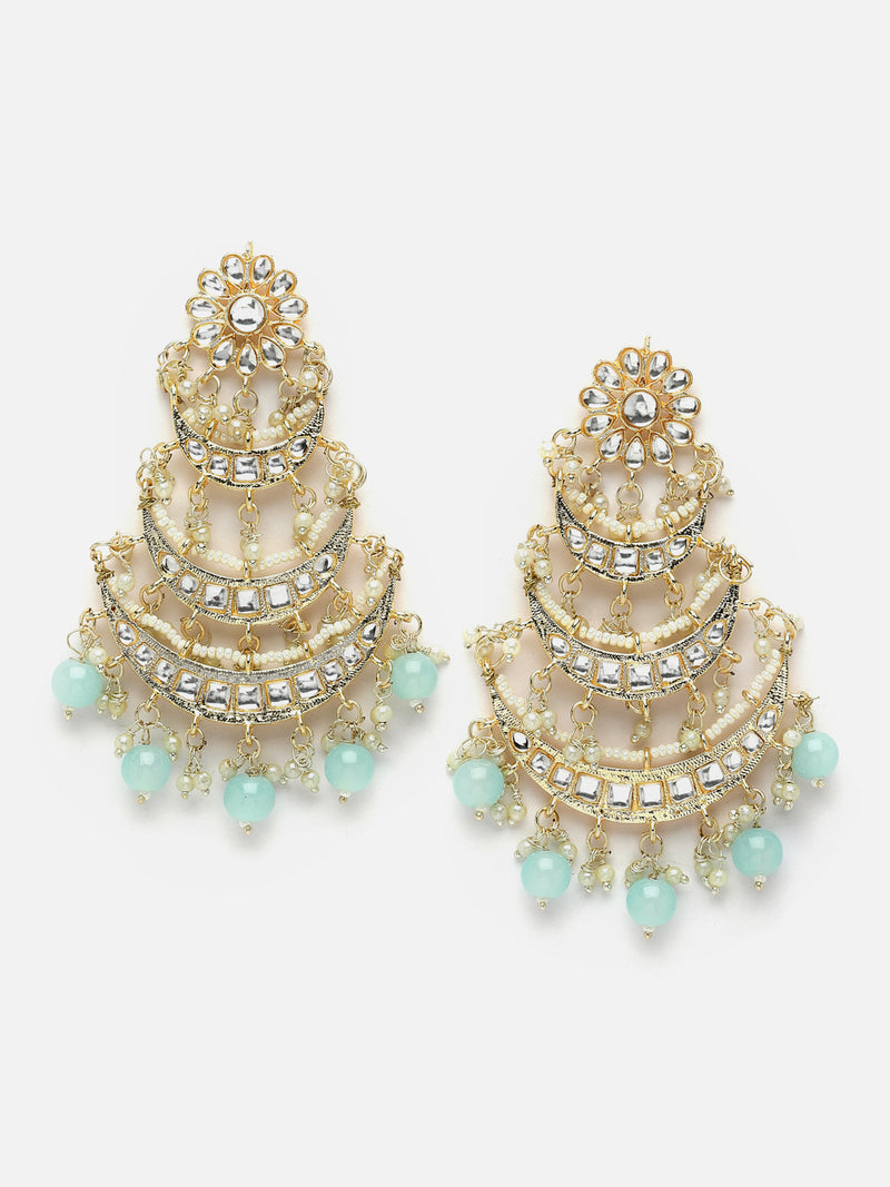 Gold-Plated Sea Green Pearls & Kundan studded Crescent Shaped Vilandi Drop Earrings