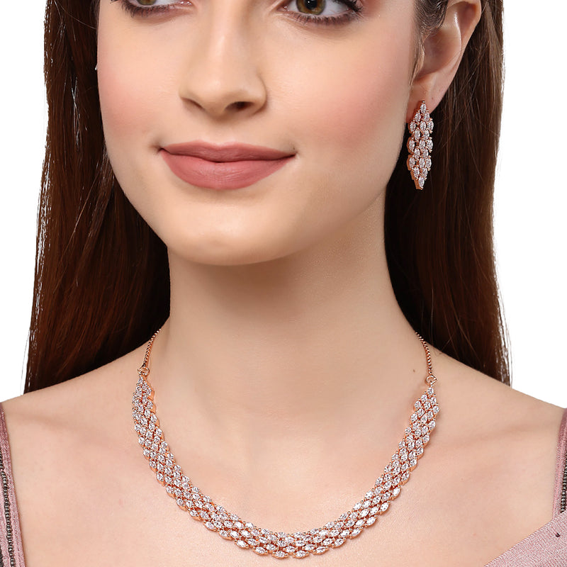 Rose Gold-Plated White American Diamond Studded Handcrafted Jewellery Set