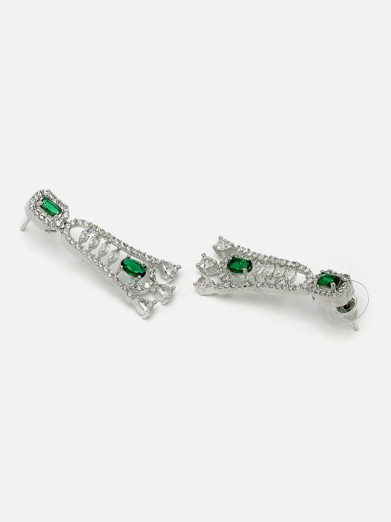 Rhodium-Plated Green American Diamond studded Classic Contemporary Drop Earrings